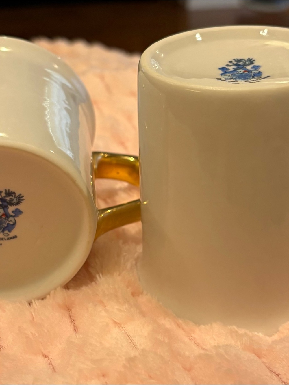 Germer Porcelains white mugs with gold handles. Flat Bottom 3.5” tall
